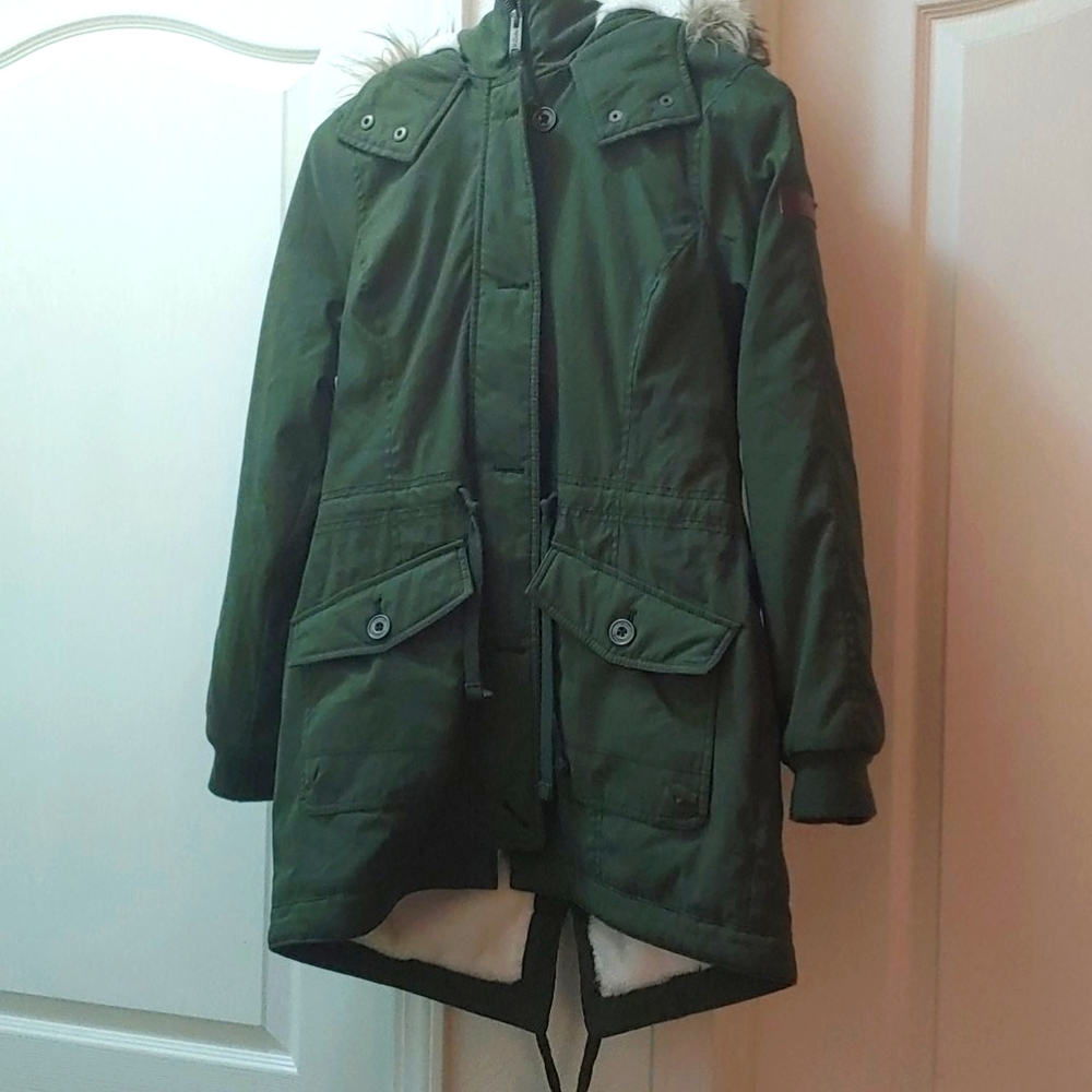 Olive green Hollister fleece lined parka